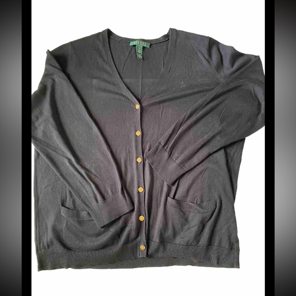 Lauren Ralph Lauren Women’s Size 1X Navy Cardigan Cotton Pockets Gold Bu…